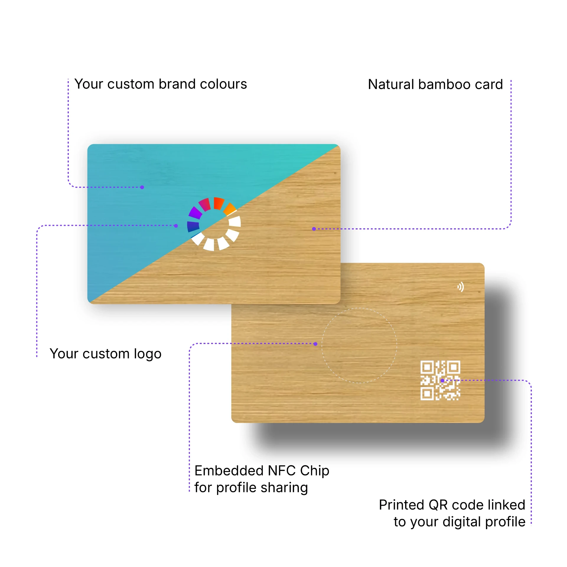 Bamboo card features — custom brand colours, logo, NFC and QR